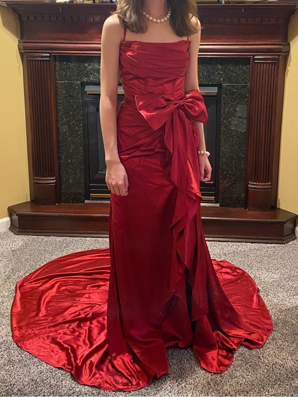 Burgundy Satin Spaghetti Strap Satin Gown Hi-Low Corset top & Bow Detail Size 2
